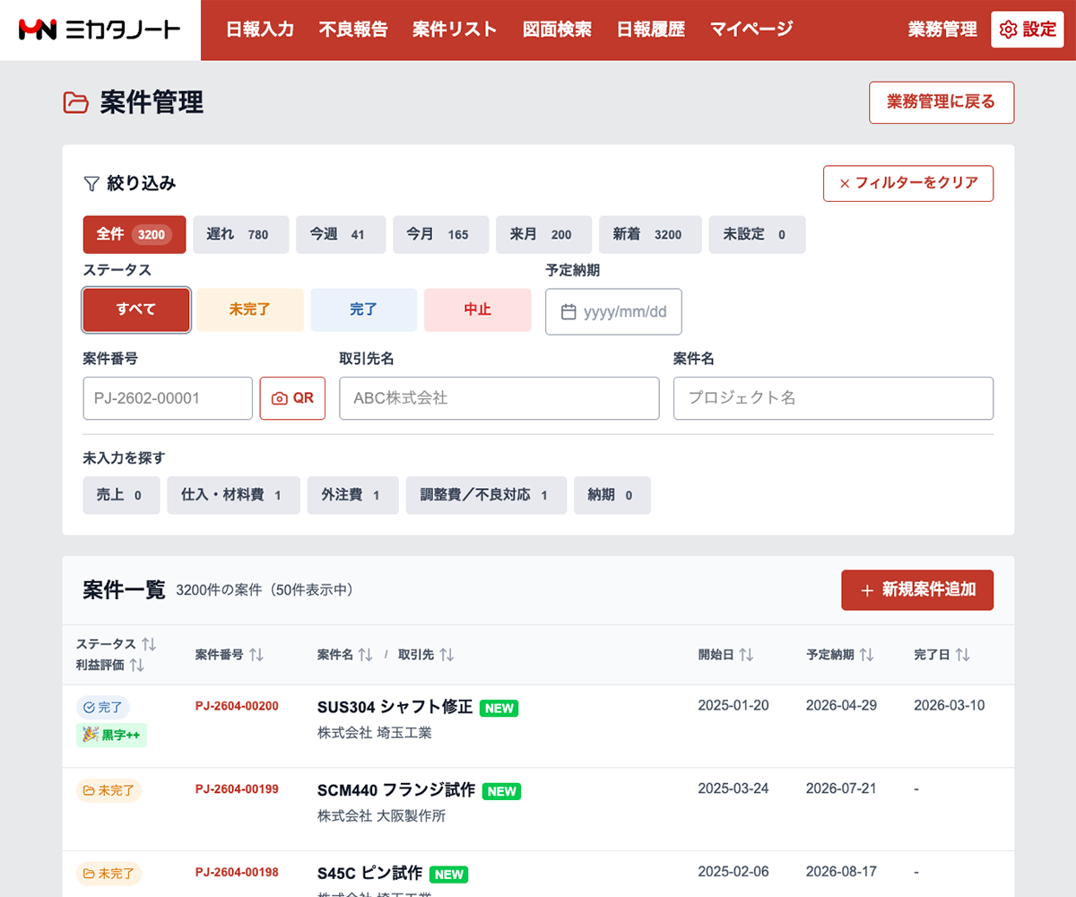 ミカタノート 案件管理画面